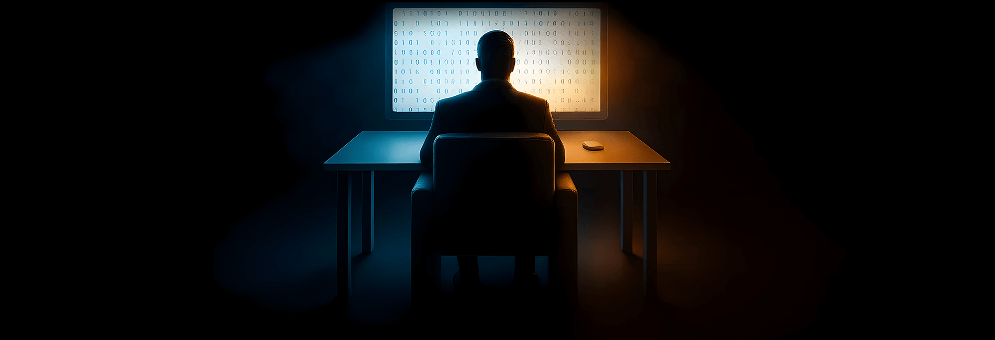 Profissional diante de monitor iluminado por luz azul e dourada