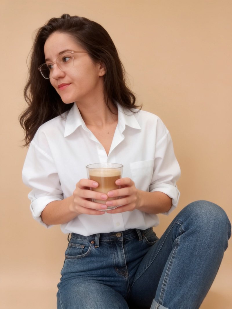 Wezilania sorrindo, segurando uma xícara de café
